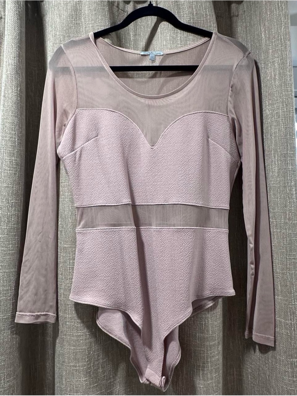 Charlotte Russe Blush Pink Mesh Panel Long Sleeve Bodysuit